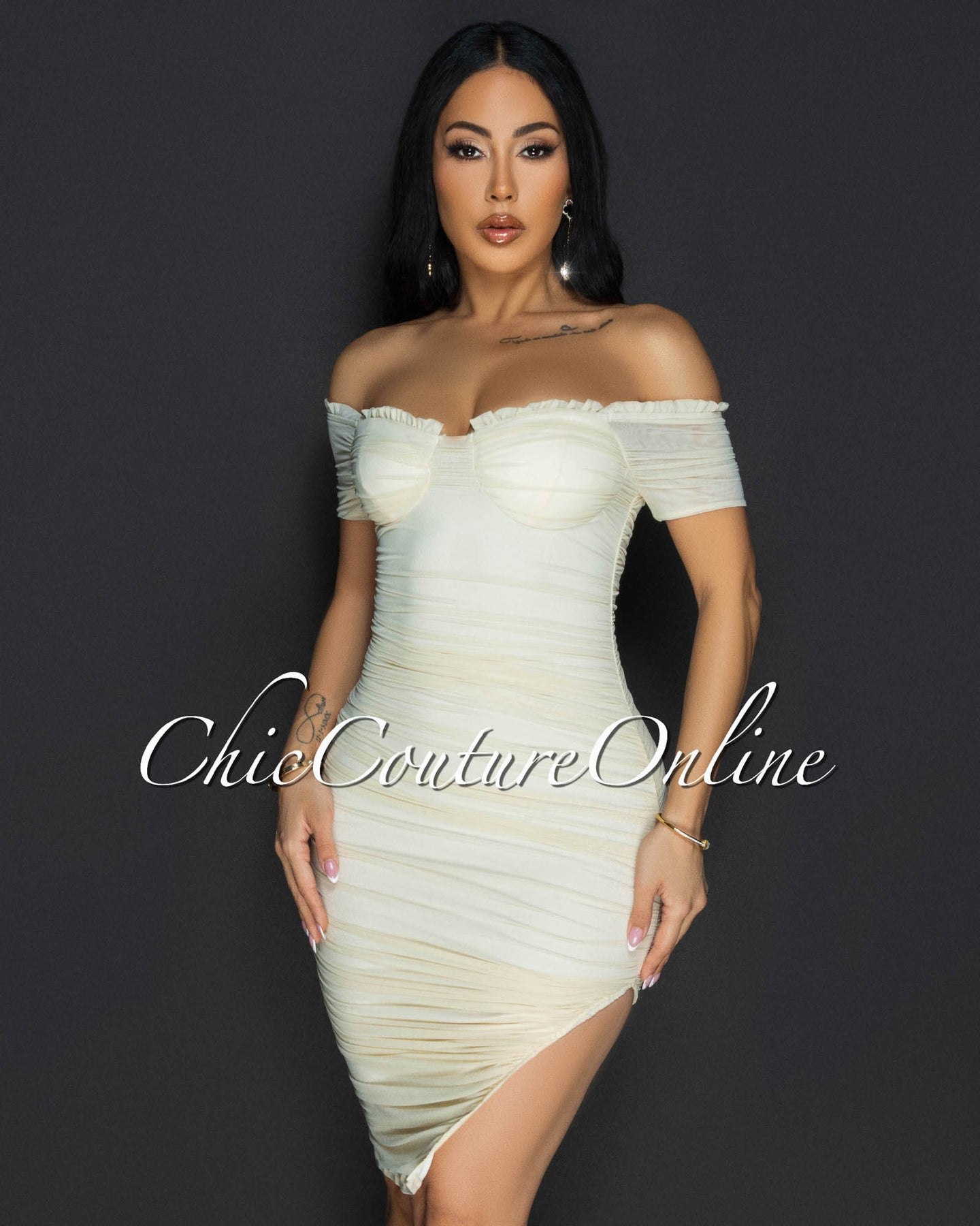 *Linna Cream Ruched Off-The Shoulder Dress