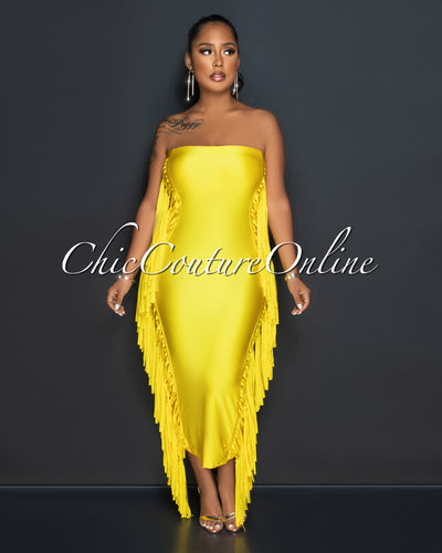 Natisha Yellow Tassels Sided Tube Maxi Dress