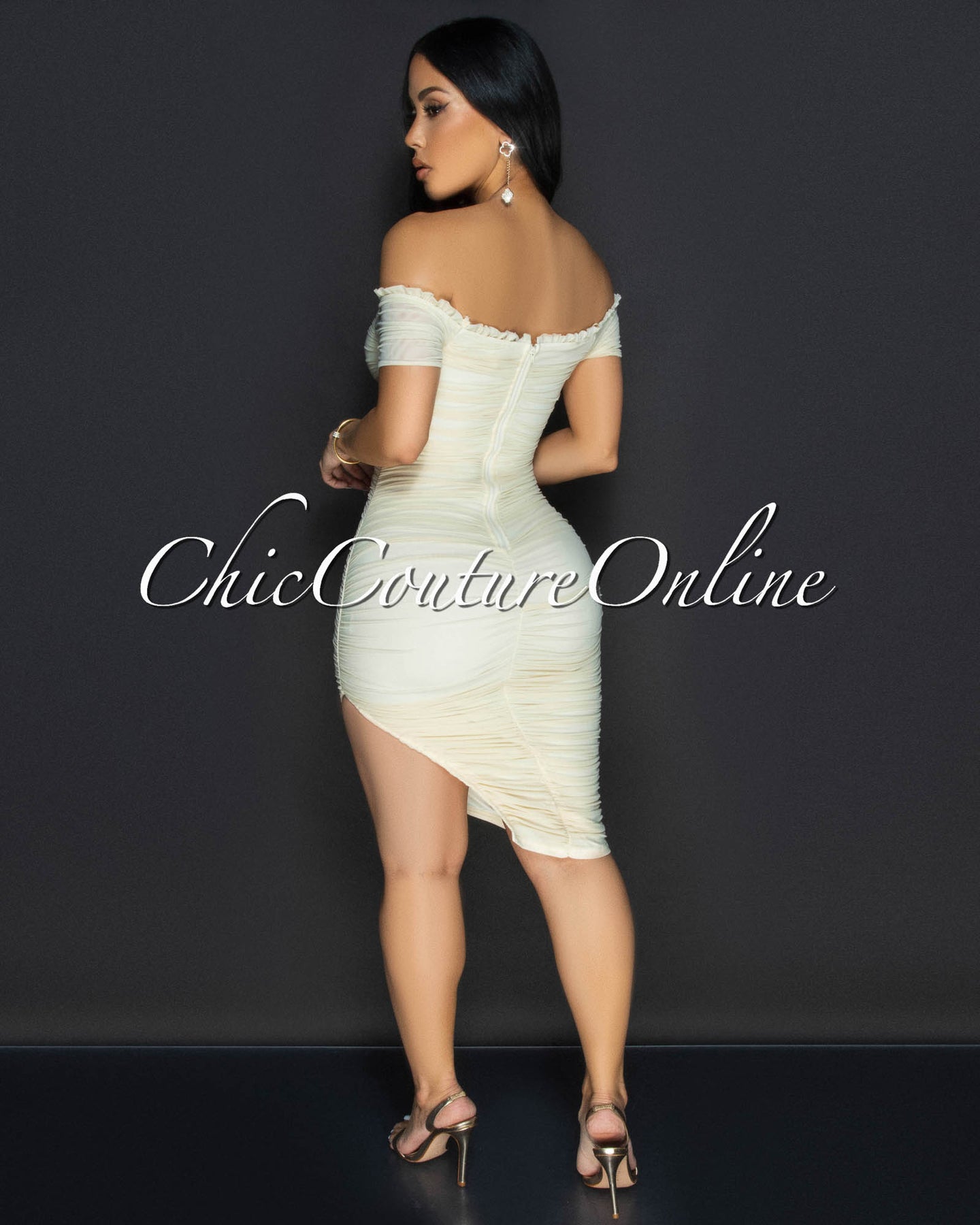 Linna Cream Ruched Off-The Shoulder Dress