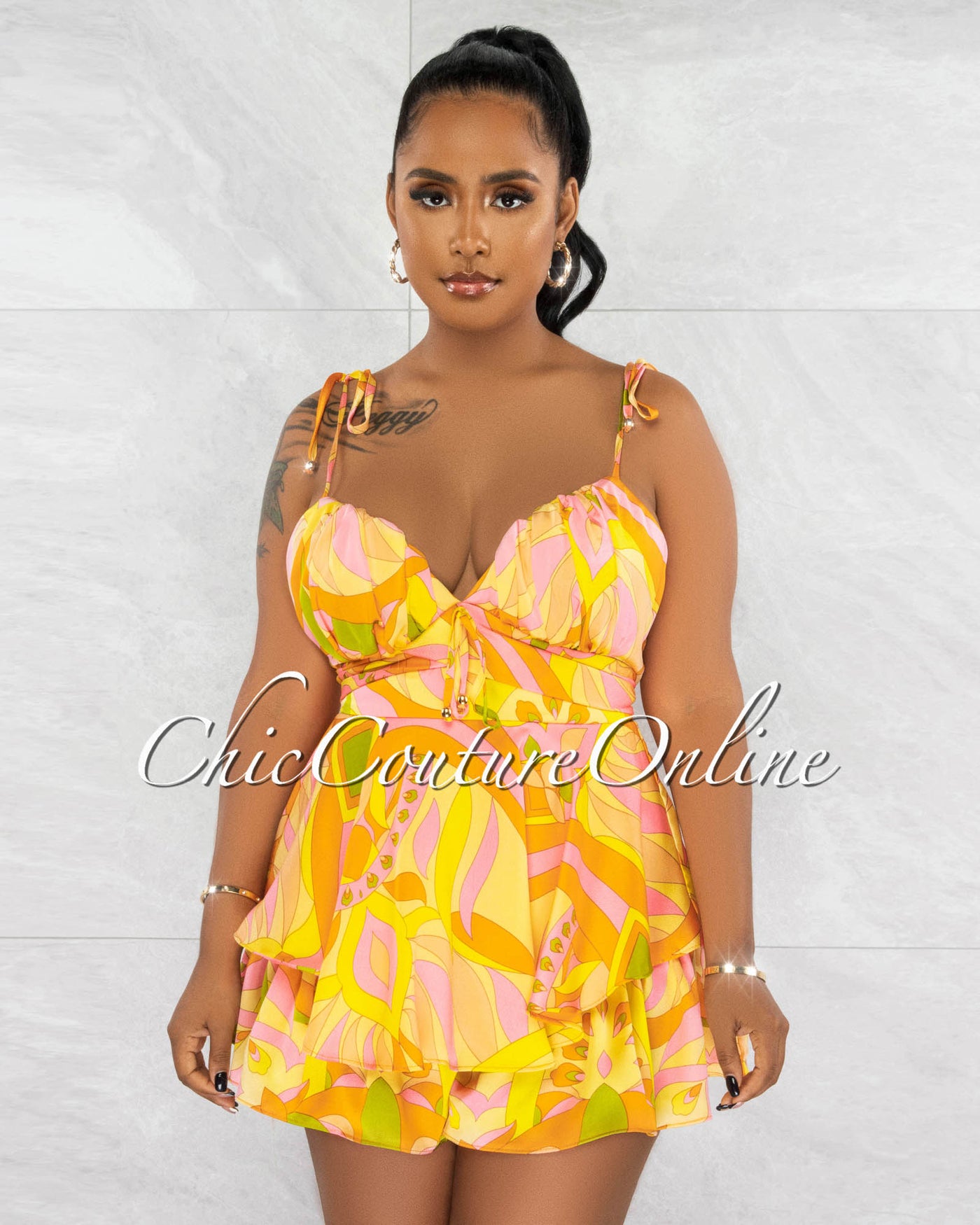 *Astrid Yellow Multi-Color Print Ruffle Overlay Silky Romper