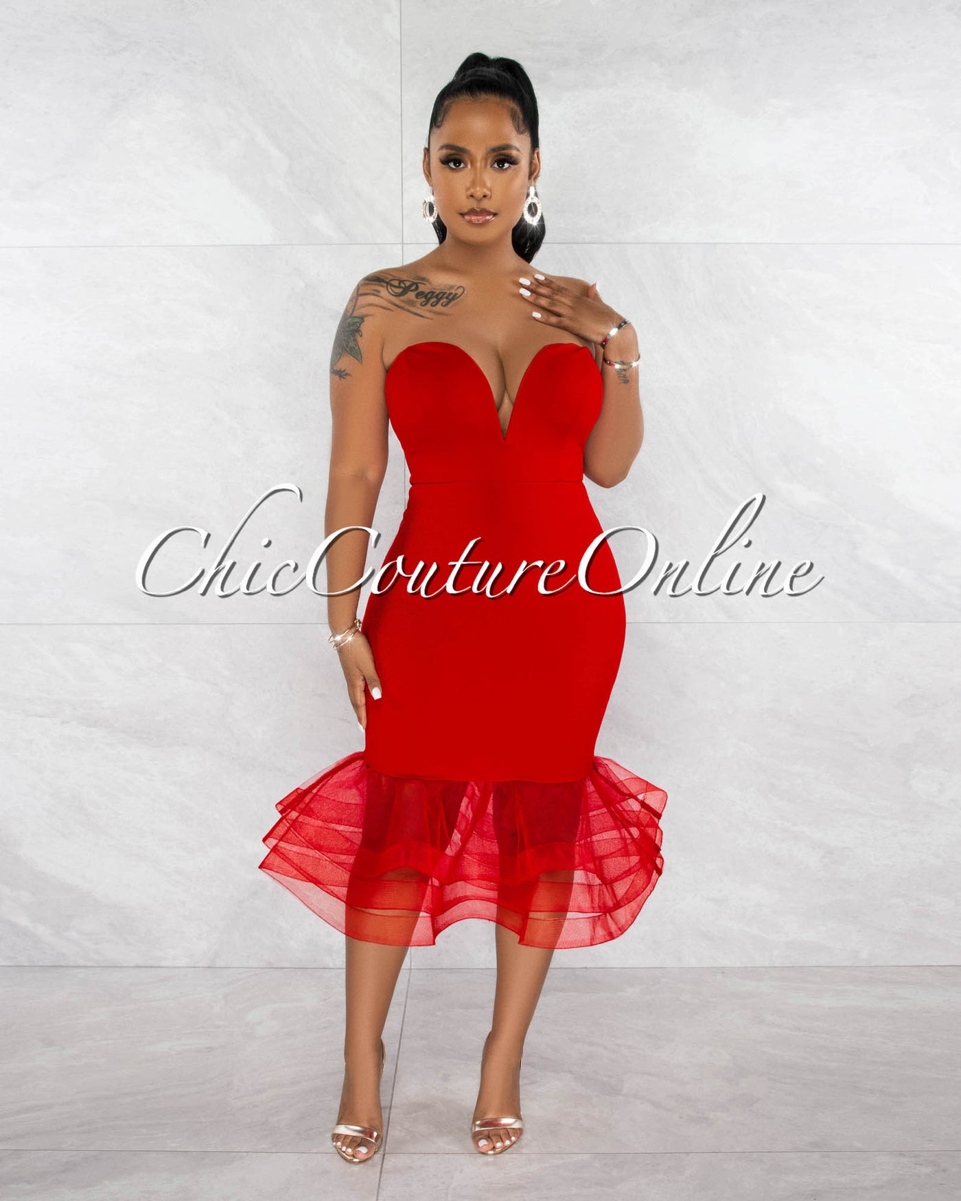 Kalani Red Dramatic Tulle Ruffle Hem Midi Dress