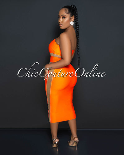 Jetta Orange Nude Mesh Accent Bandage Midi Dress