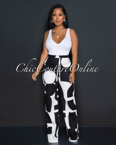 Janeen Black White Print Self-Tie Blazer & Wide Pants Set