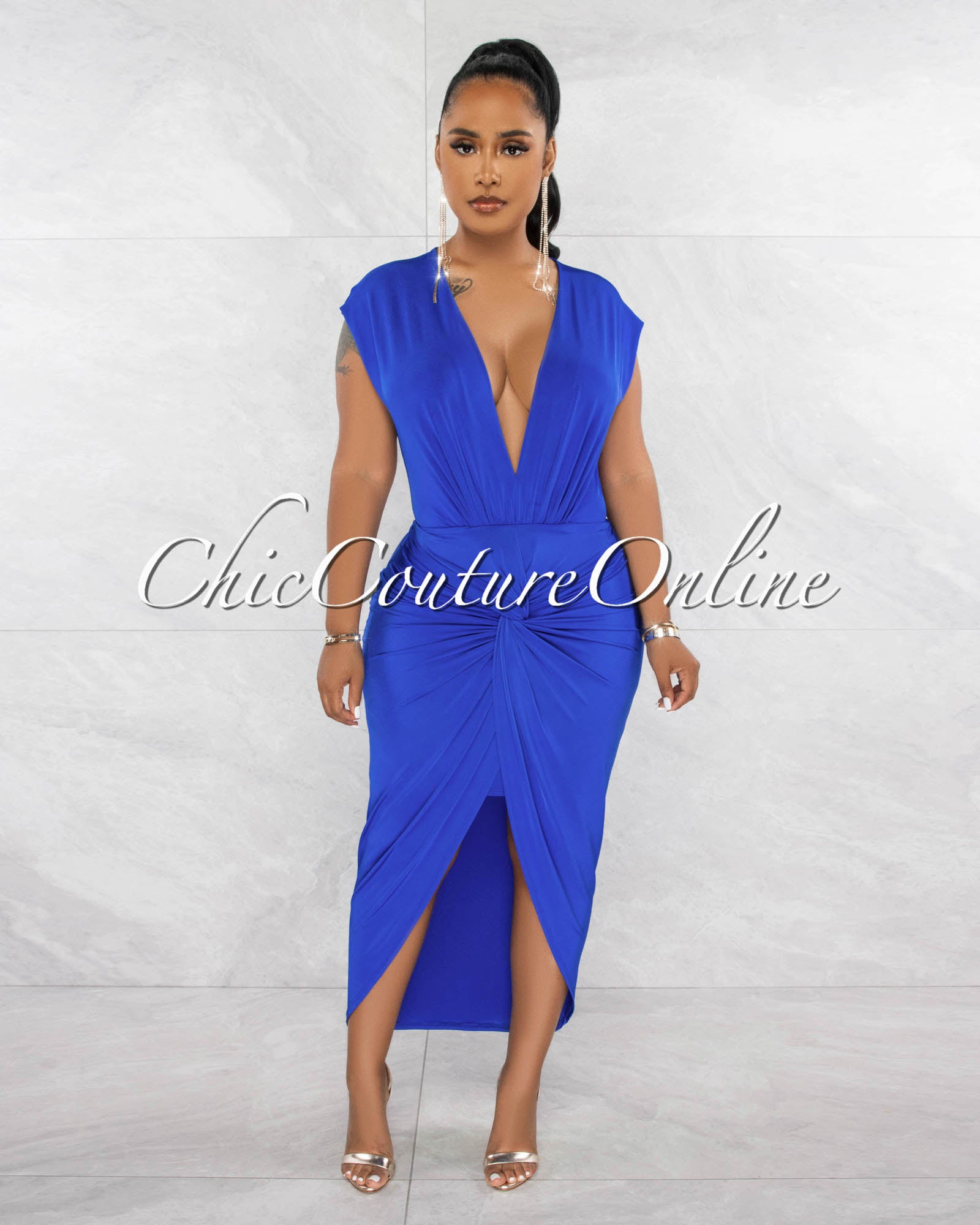 *Chantal Royal Blue Deep V-Neck Front Knot Dress