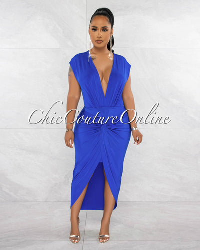 Chantal Royal Blue Deep V-Neck Front Knot Dress