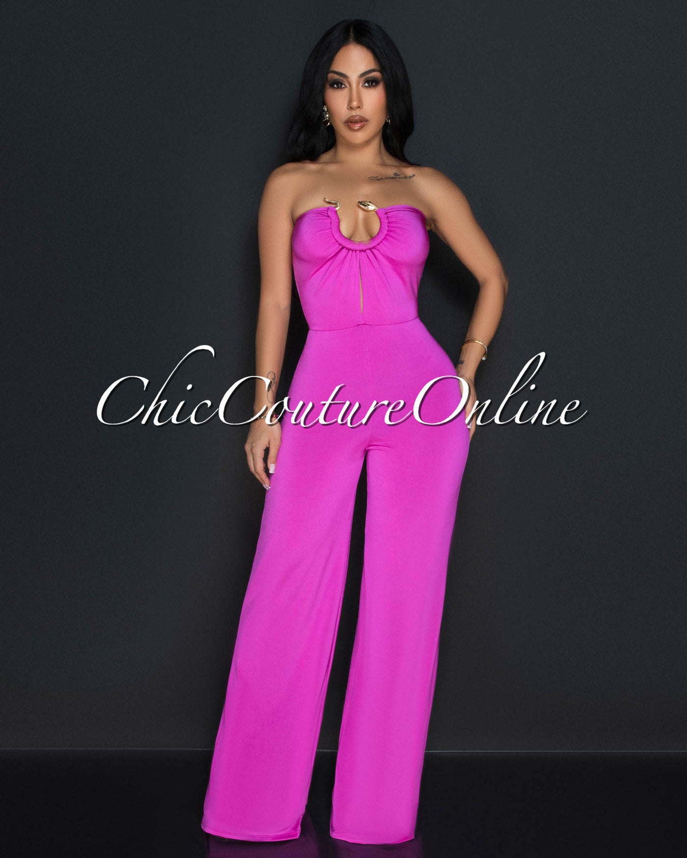 Lyla Fuchsia Snake Gold Accent Strapless Jumpsuit