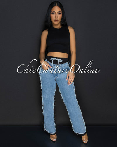 Allie Black Blue Denim Sporty Wide Legs Pants