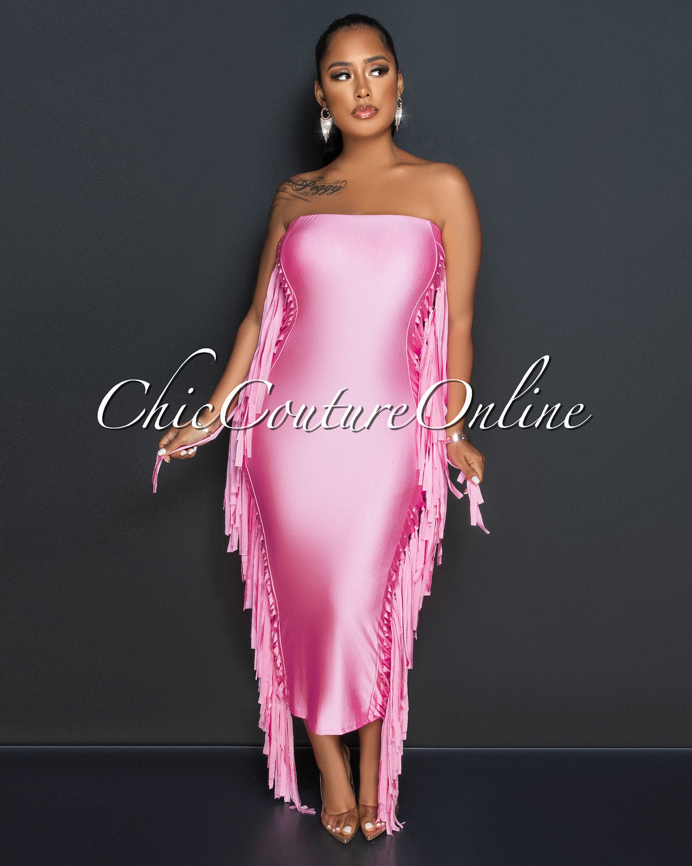 Natisha Pink Tassels Sided Tube Maxi Dress