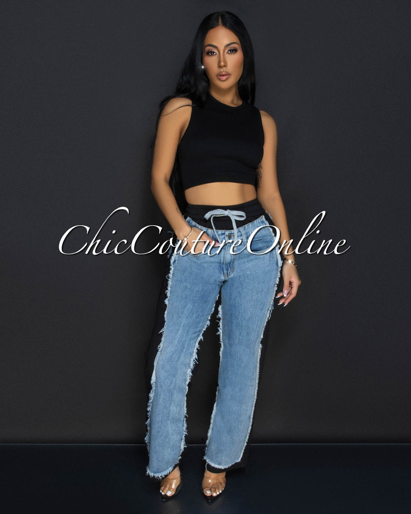 Allie Black Blue Denim Sporty Wide Legs Pants