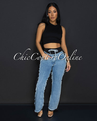 Allie Black Blue Denim Sporty Wide Legs Pants