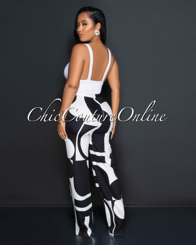 Janeen Black White Print Self-Tie Blazer & Wide Pants Set