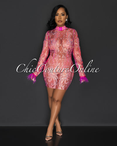 Dominique Neon Pink Sequins Sheer Feathers Dress