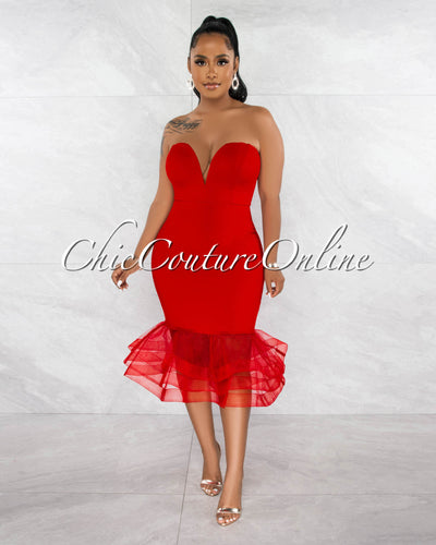 Kalani Red Dramatic Tulle Ruffle Hem Midi Dress