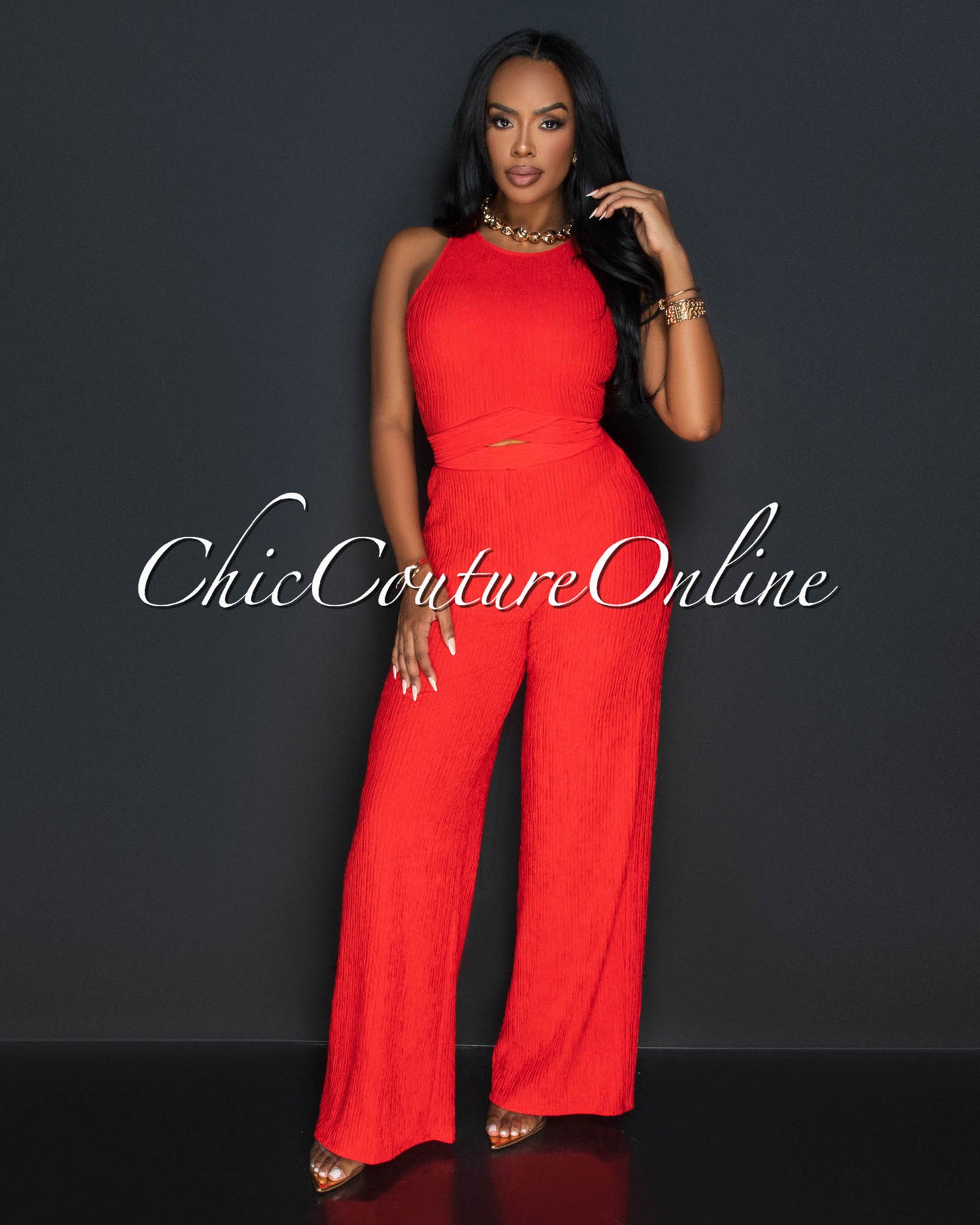 Rohana Orange Crop Top & Wide Pants Textured Set