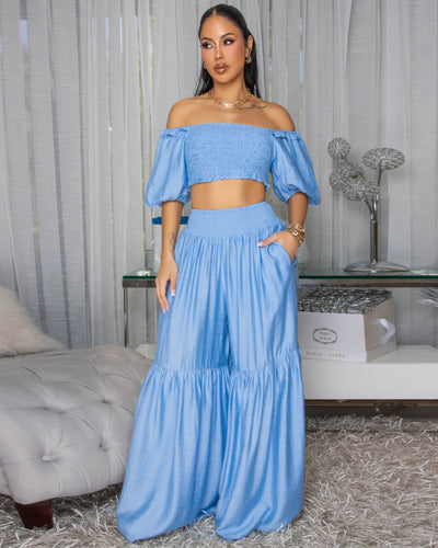 Andy Light Blue Smocked Crop Top & Wide Pants Set