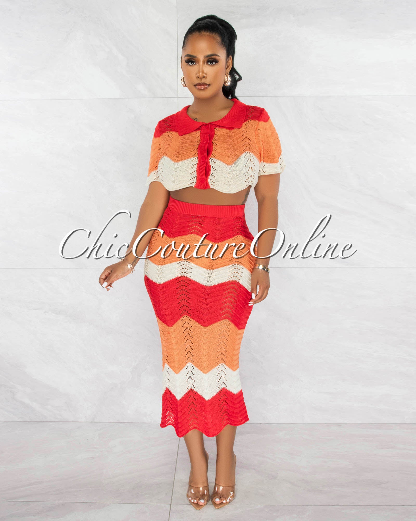*Tiana Cream Orange Chevron Crop Top & Crochet Cover-Up Skirt Set