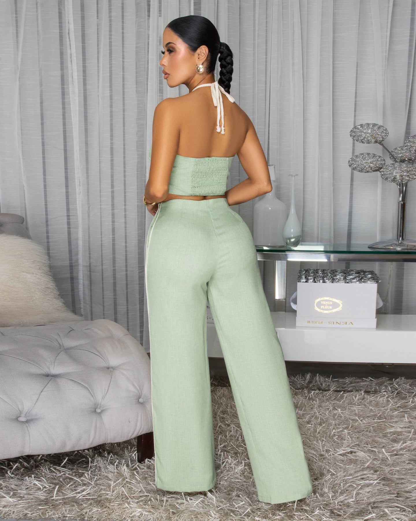Callan Sage Green Rope Trim Halter Pants Set