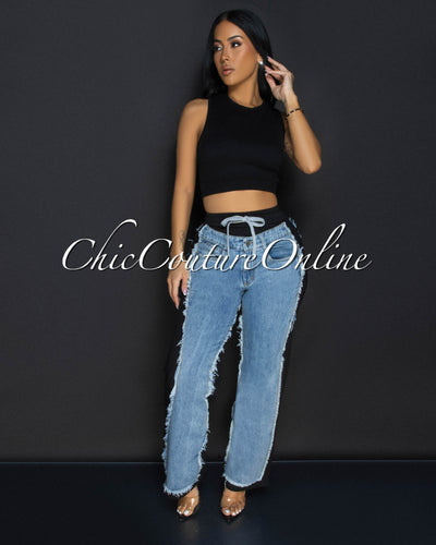 Allie Black Blue Denim Sporty Wide Legs Pants