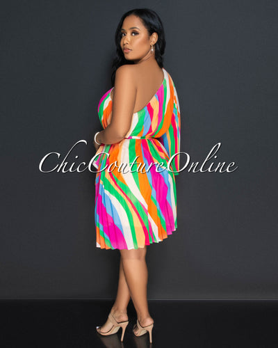 Claira Multi-Color Print Pleated Single Shoulder Mini Dress