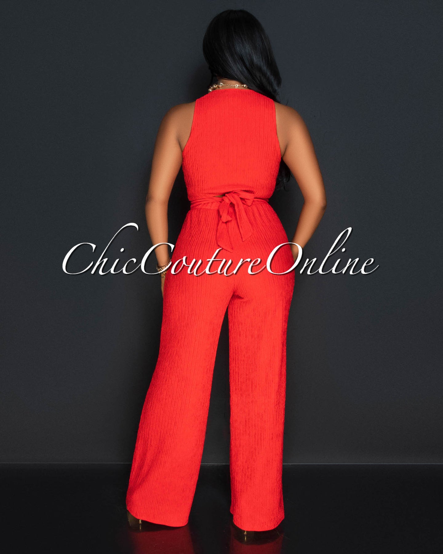 Rohana Orange Crop Top & Wide Pants Textured Set