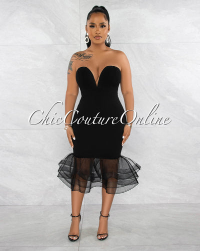 Kalani Black Dramatic Tulle Ruffle Hem Midi Dress