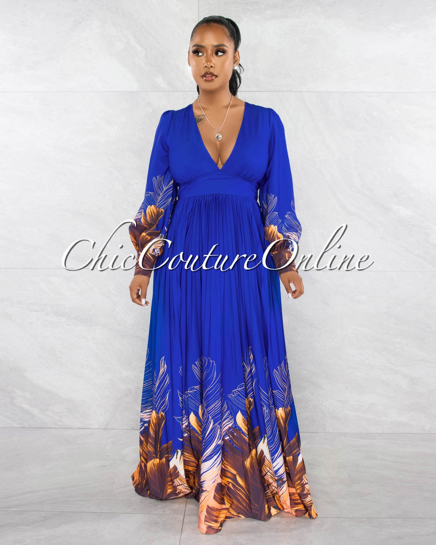 *Mireya Blue Orange Leaf Print Pleated Maxi Dress