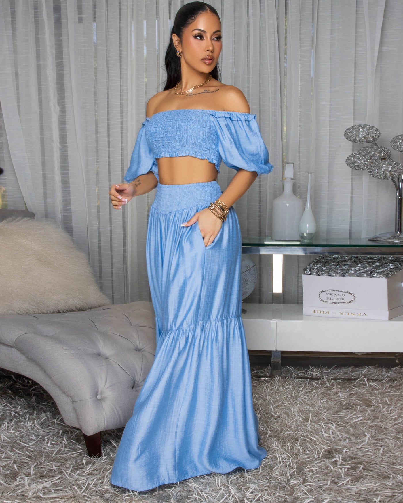 Andy Light Blue Smocked Crop Top & Wide Pants Set