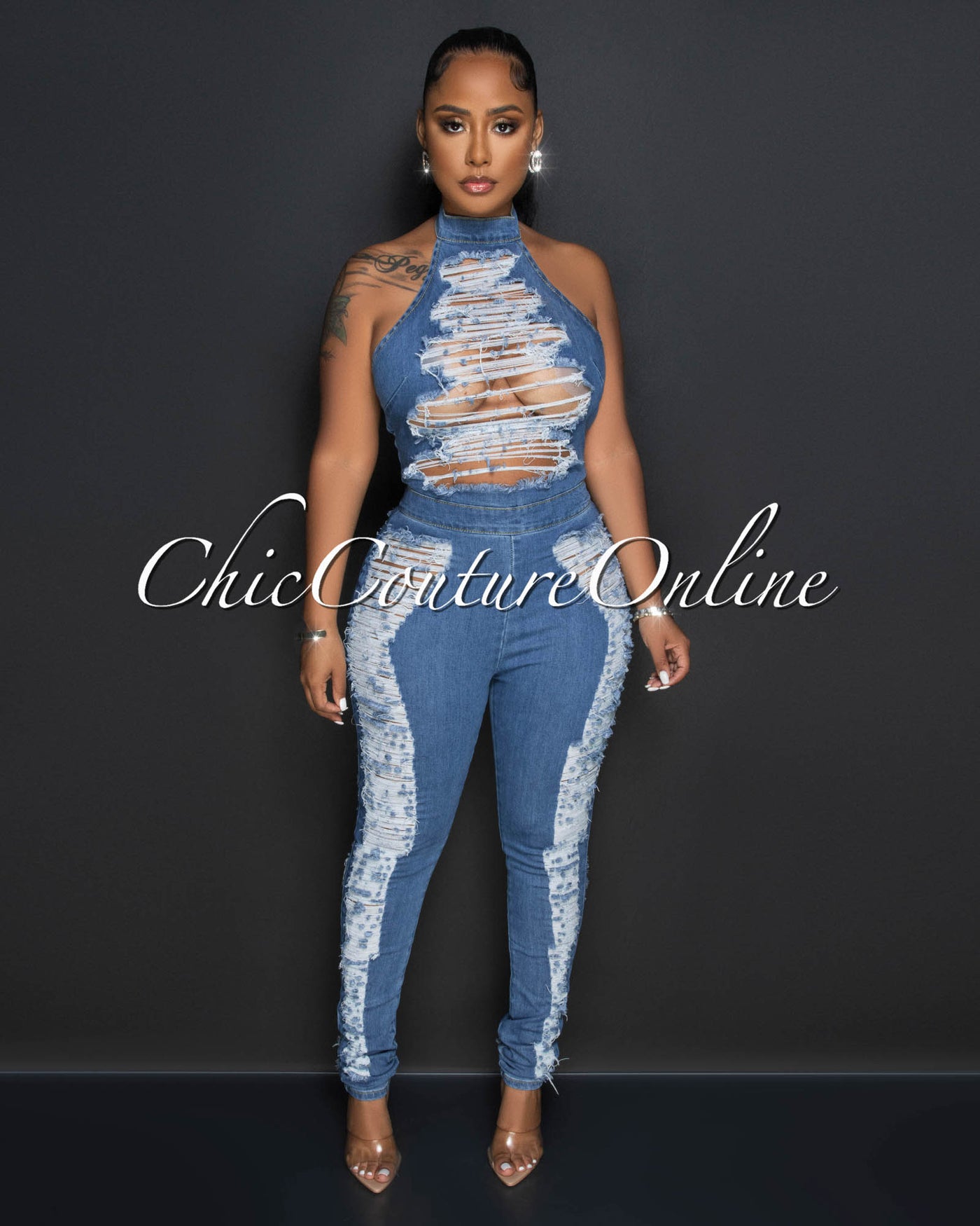 Jamara Dark Denim Distressed Halter Jumpsuit