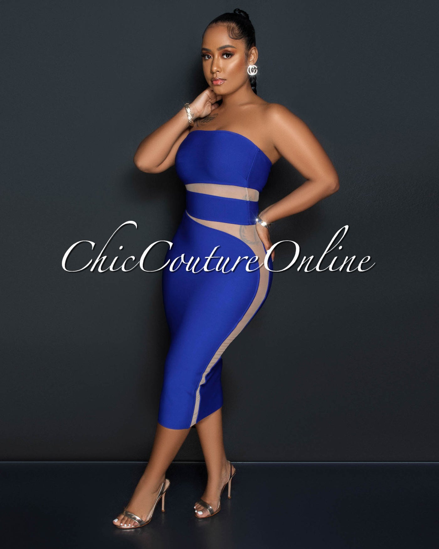 *Jetta Royal Blue Nude Mesh Accent Bandage Midi Dress – Chic Couture Online