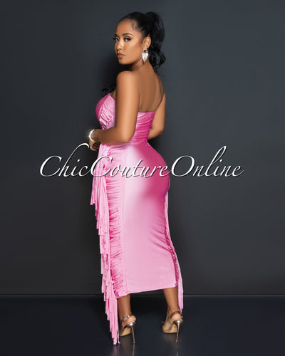 Natisha Pink Tassels Sided Tube Maxi Dress