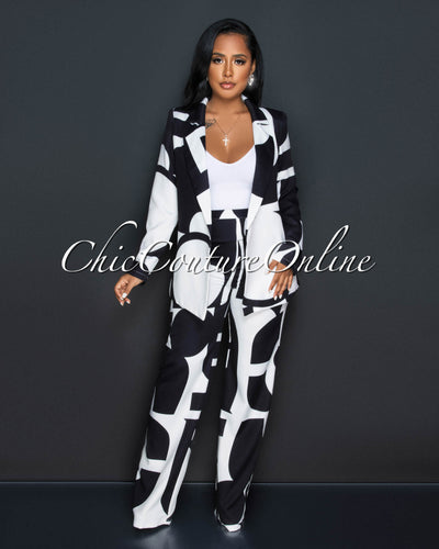 Janeen Black White Print Self-Tie Blazer & Wide Pants Set