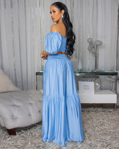 Andy Light Blue Smocked Crop Top & Wide Pants Set