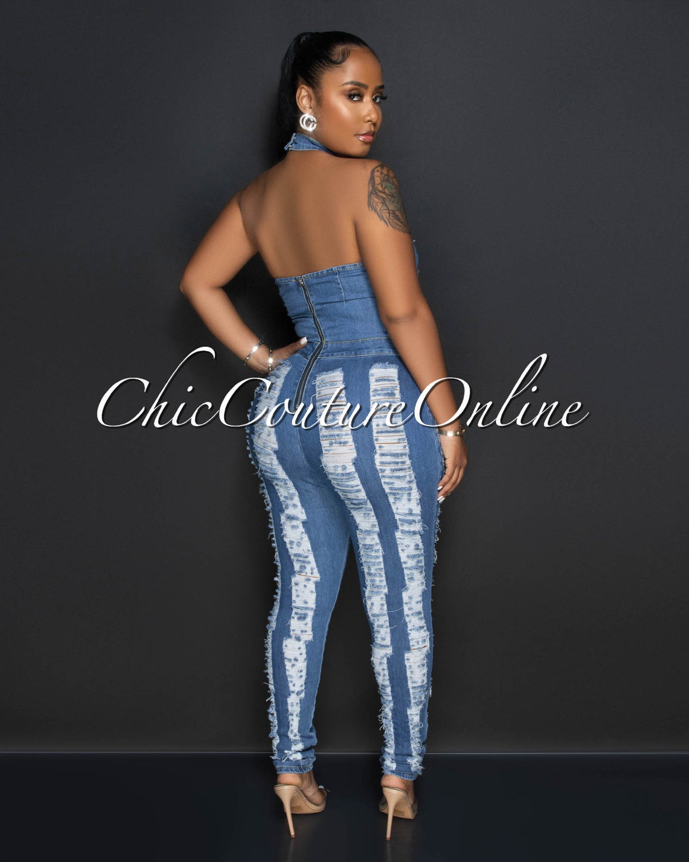 Jamara Dark Denim Distressed Halter Jumpsuit