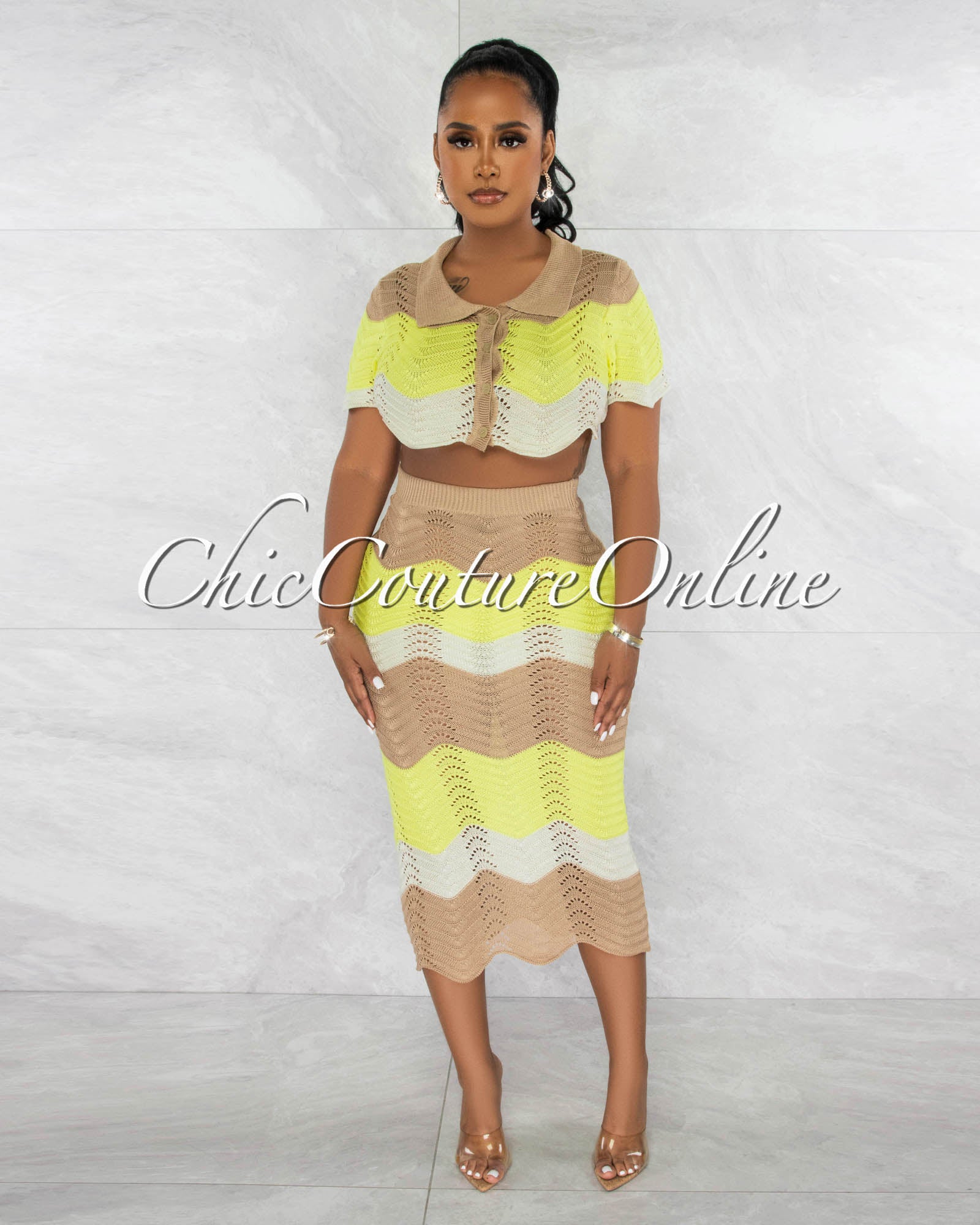 *Tiana Mocha Yellow Chevron Crop Top & Crochet Cover-Up Skirt Set