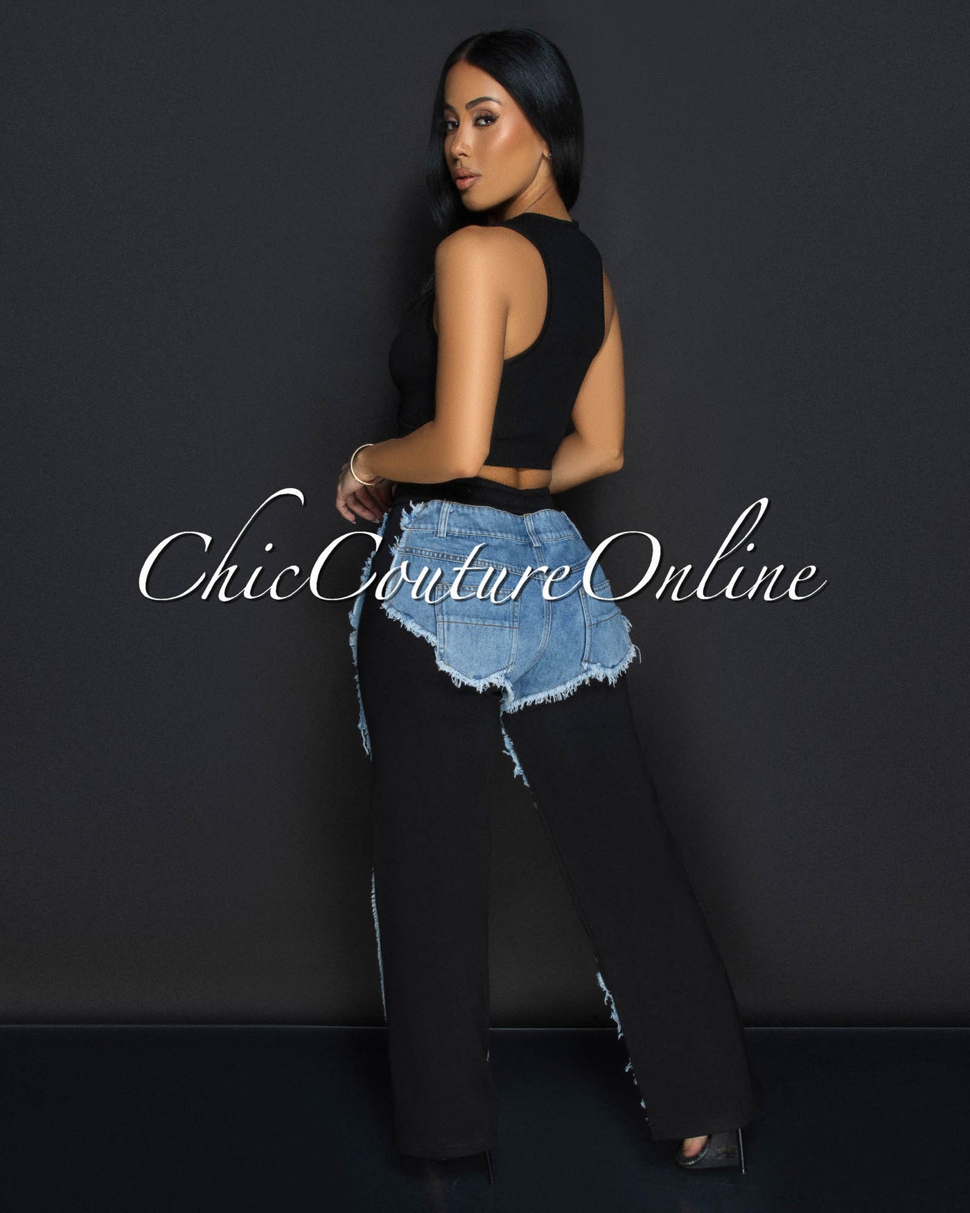 Allie Black Blue Denim Sporty Wide Legs Pants