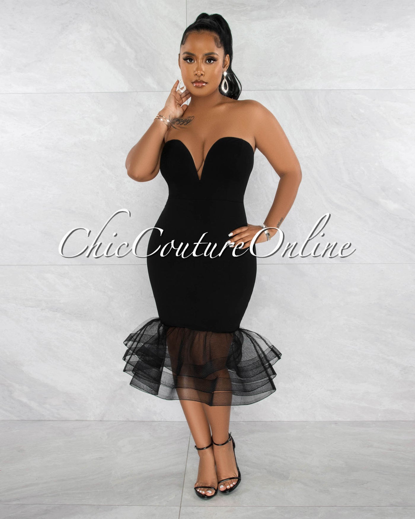 Kalani Black Dramatic Tulle Ruffle Hem Midi Dress