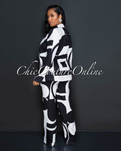 Janeen Black White Print Self-Tie Blazer & Wide Pants Set