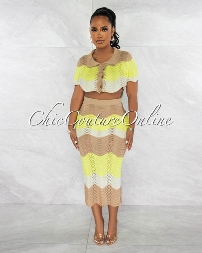 *Tiana Mocha Yellow Chevron Crop Top & Crochet Cover-Up Skirt Set