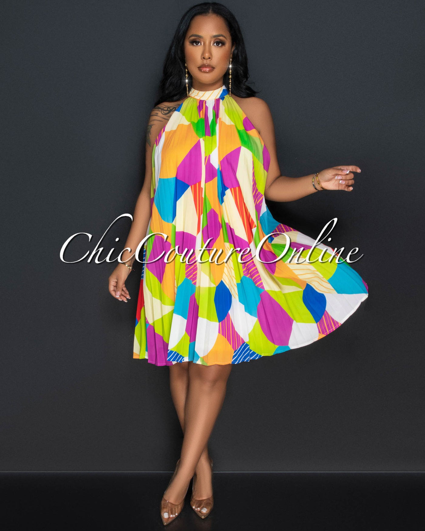 Marla Multi-Color Print Halter Pleated Mini Dress
