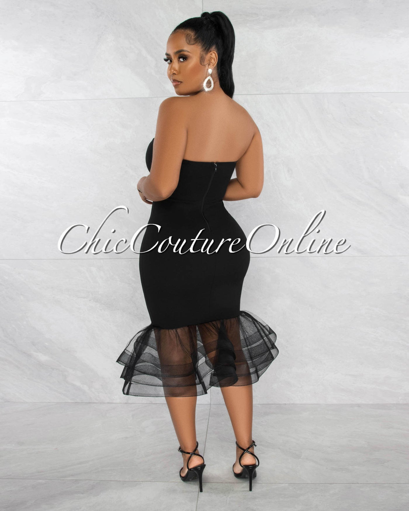 Kalani Black Dramatic Tulle Ruffle Hem Midi Dress
