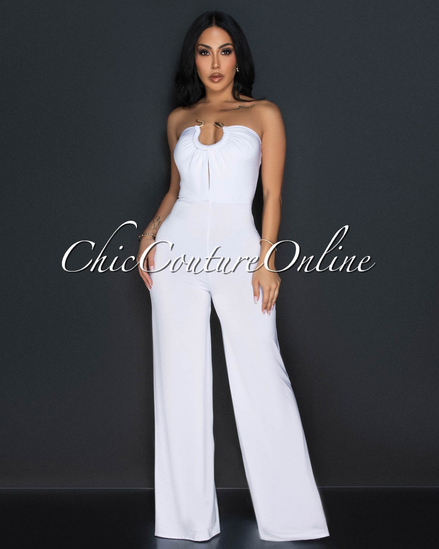 Lyla White Snake Gold Accent Strapless Jumpsuit