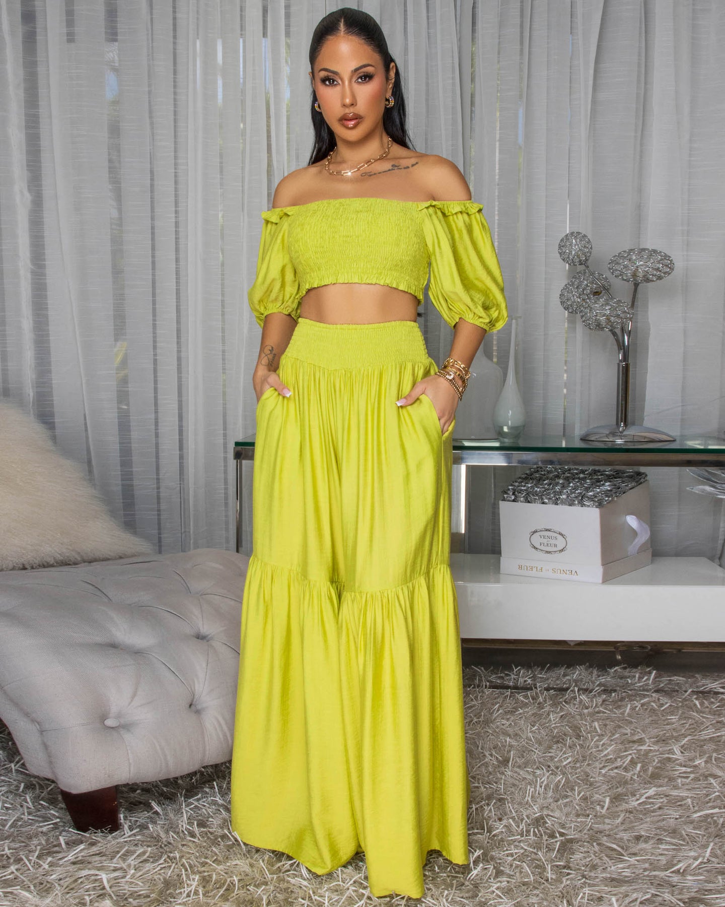 Andy Citron Smocked Crop Top & Wide Pants Set