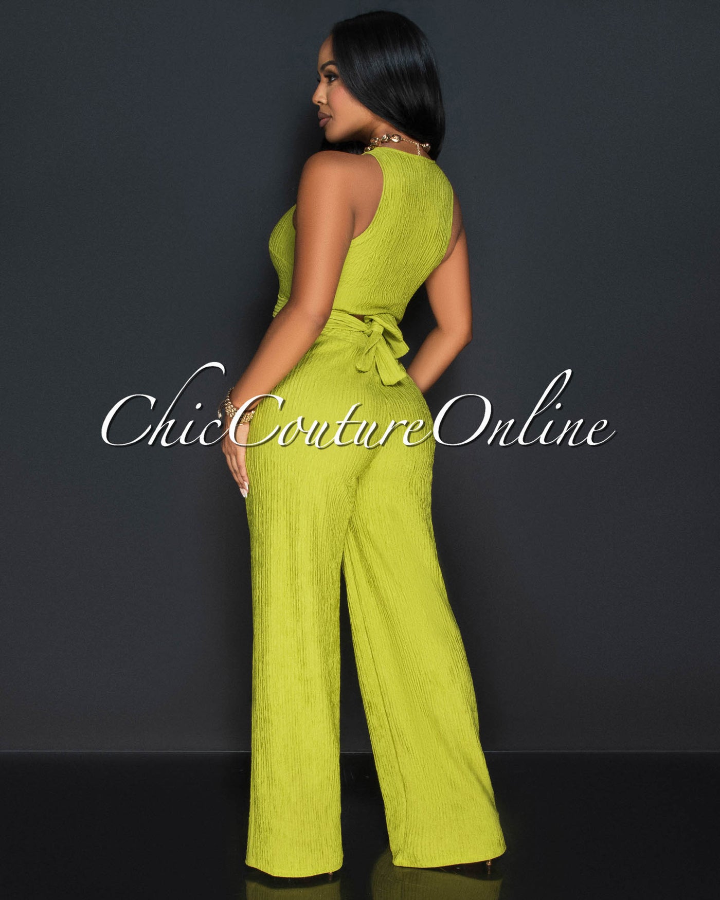 Rohana Lime Crop Top & Wide Pants Textured Set