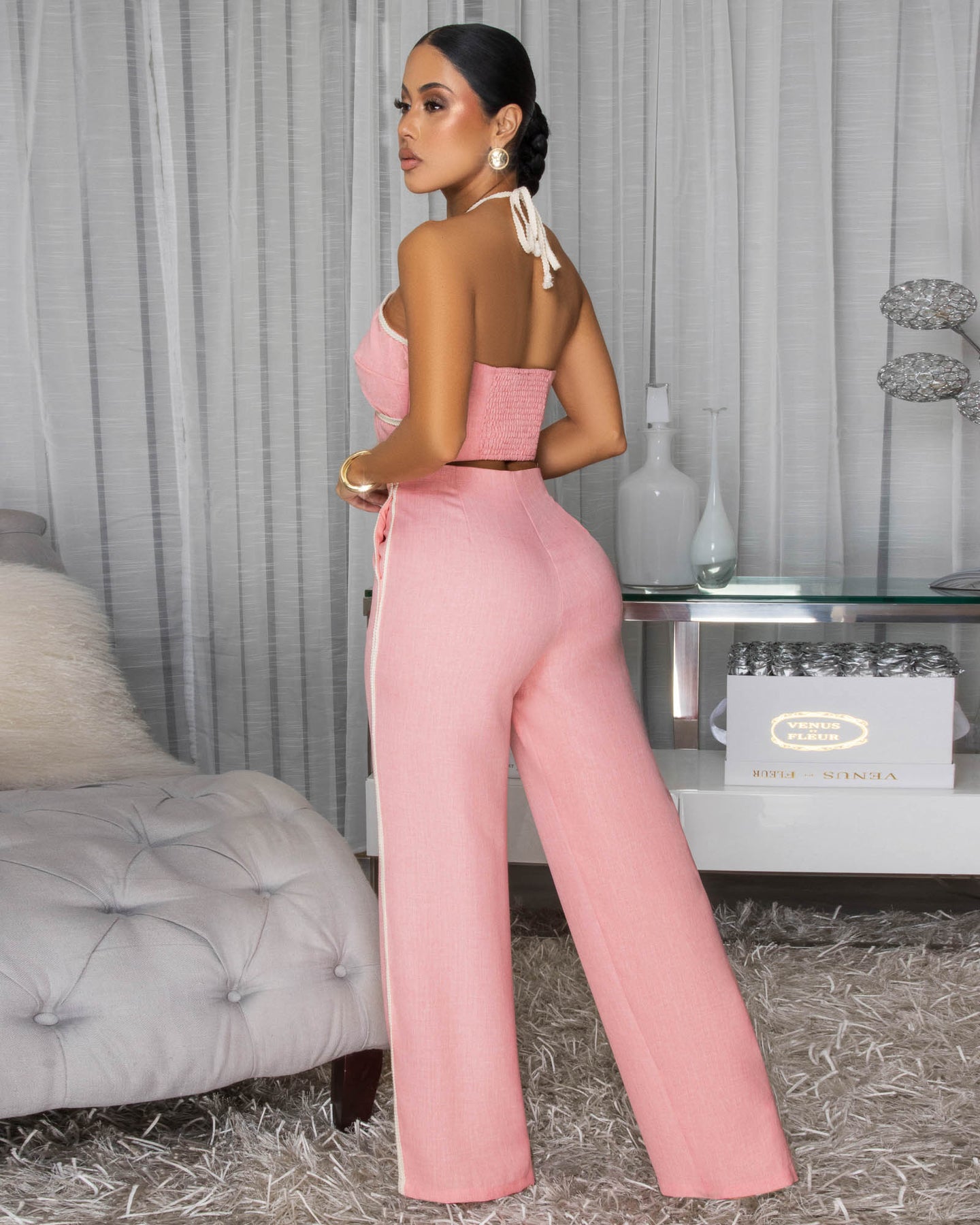 Callan Pink Rope Trim Halter Pants Set