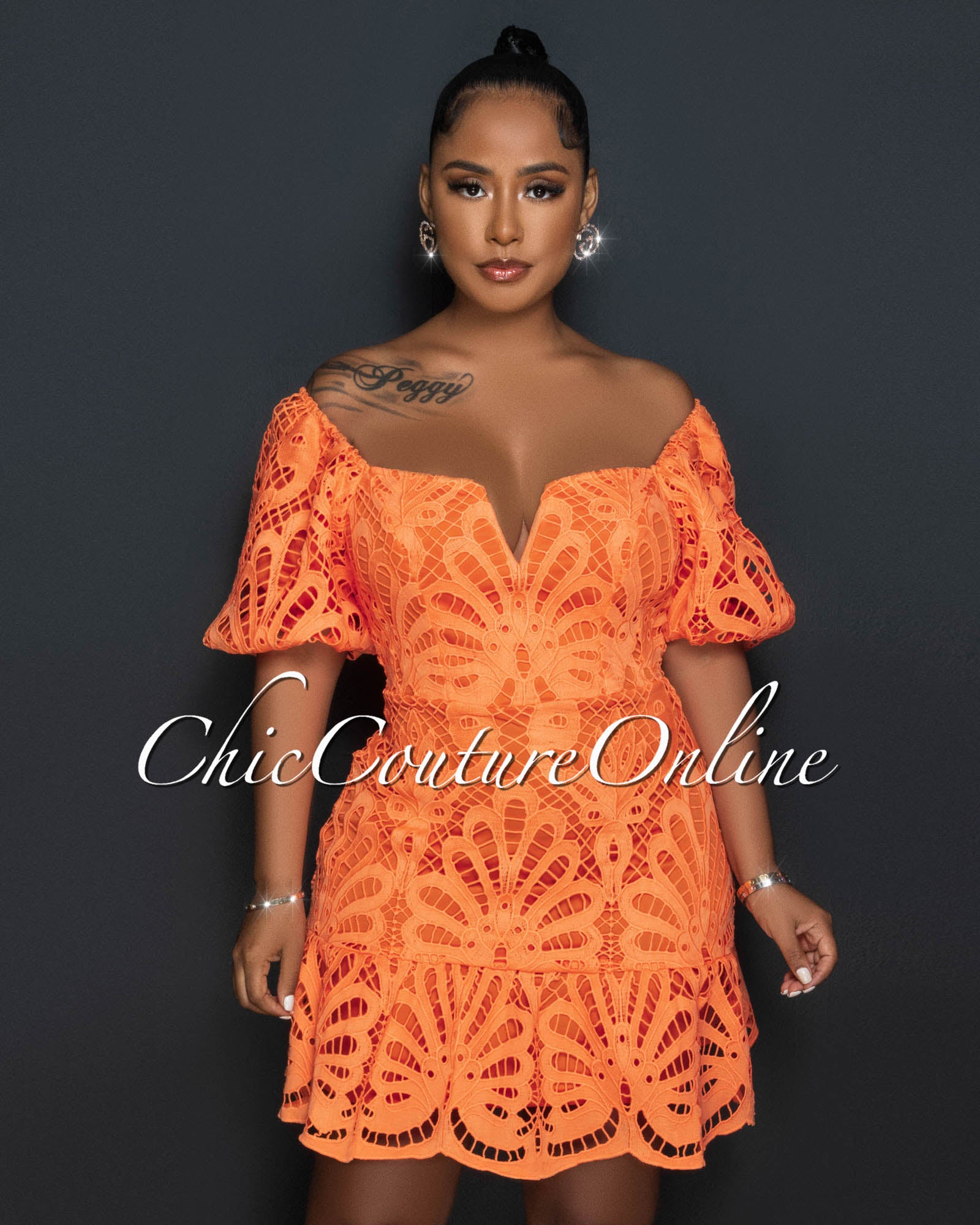 Precia Orange Crochet Embroidery Ruffle Skater Dress