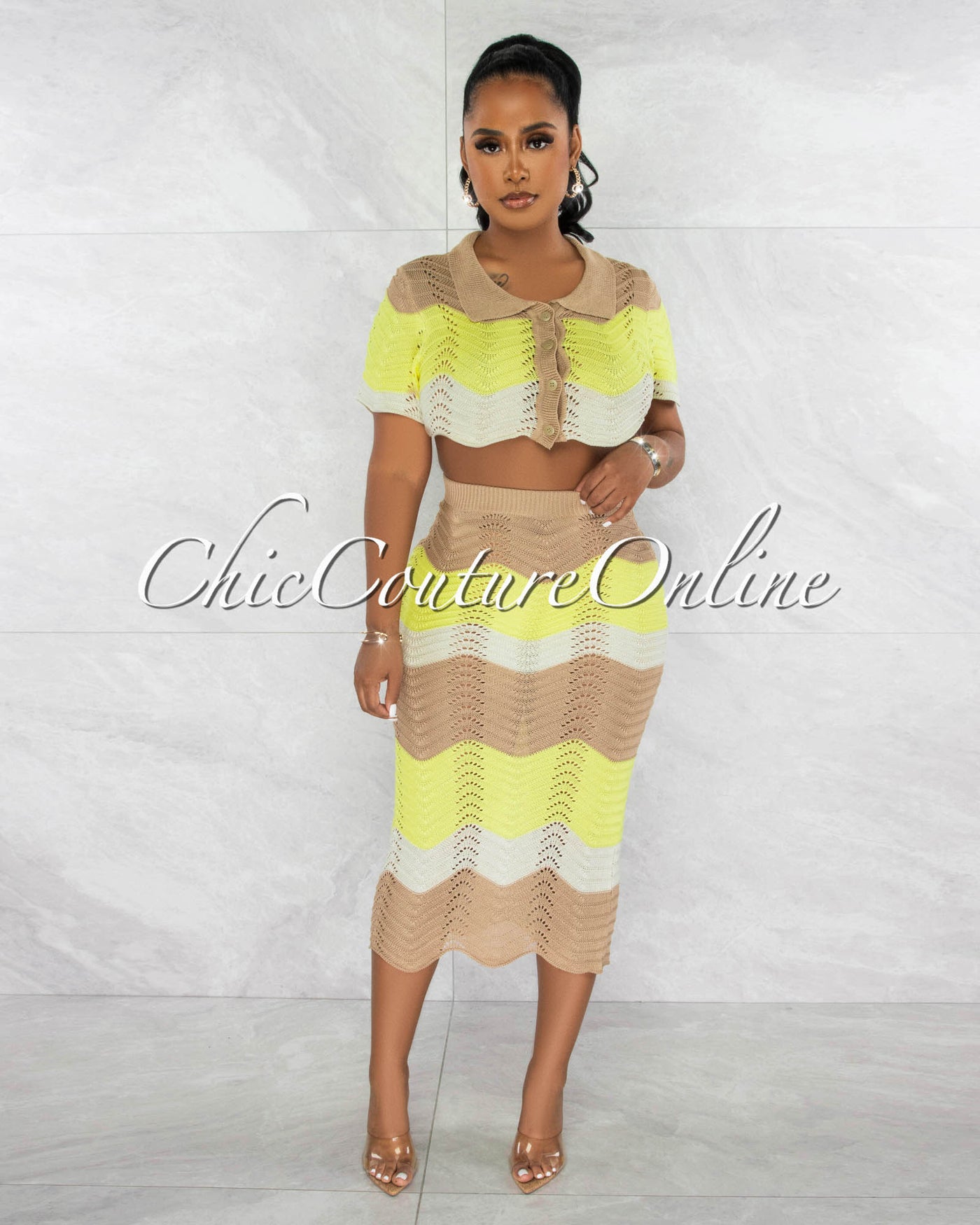 *Tiana Mocha Yellow Chevron Crop Top & Crochet Cover-Up Skirt Set