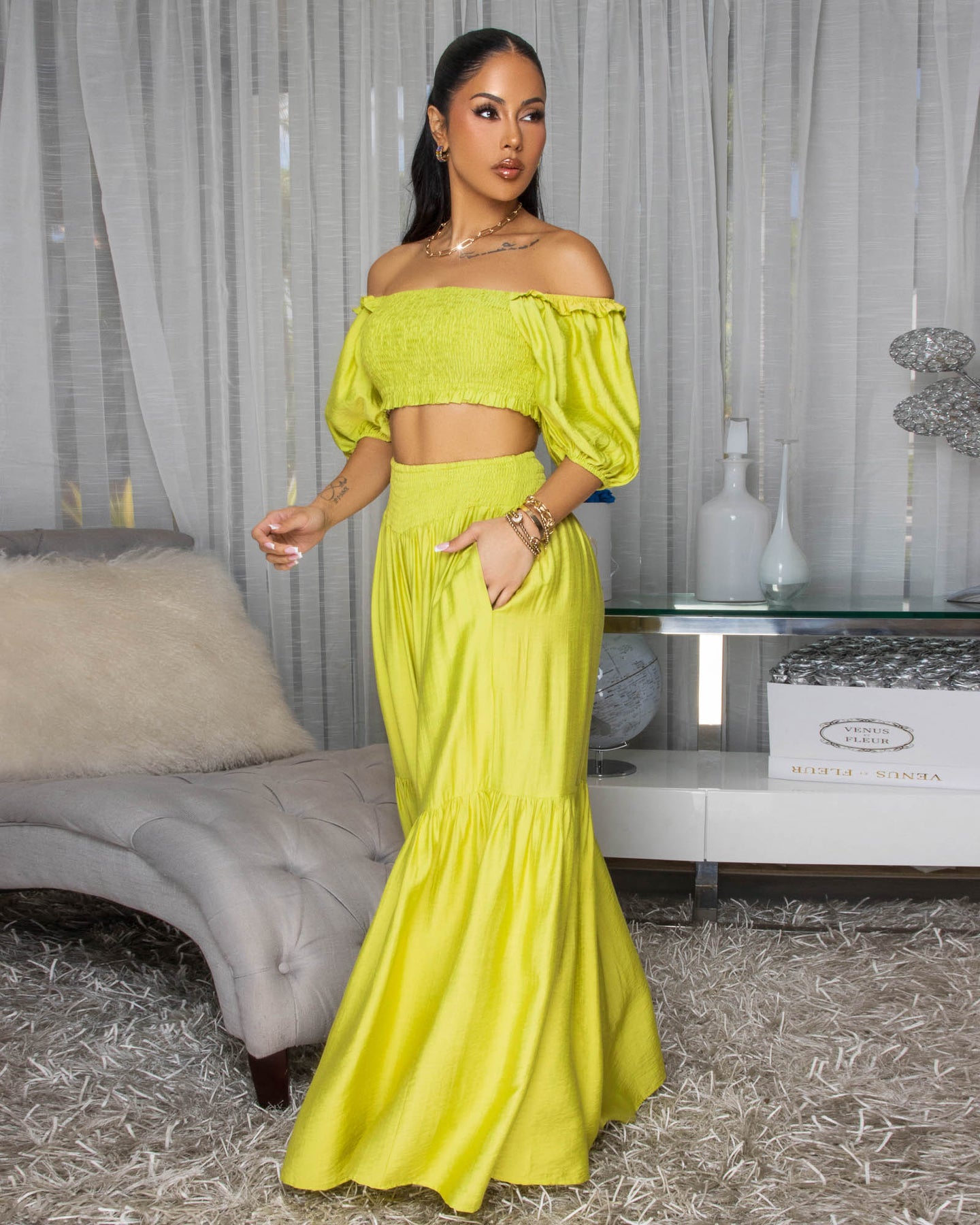 Andy Citron Smocked Crop Top & Wide Pants Set