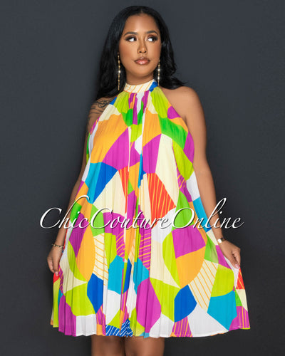 Marla Multi-Color Print Halter Pleated Mini Dress