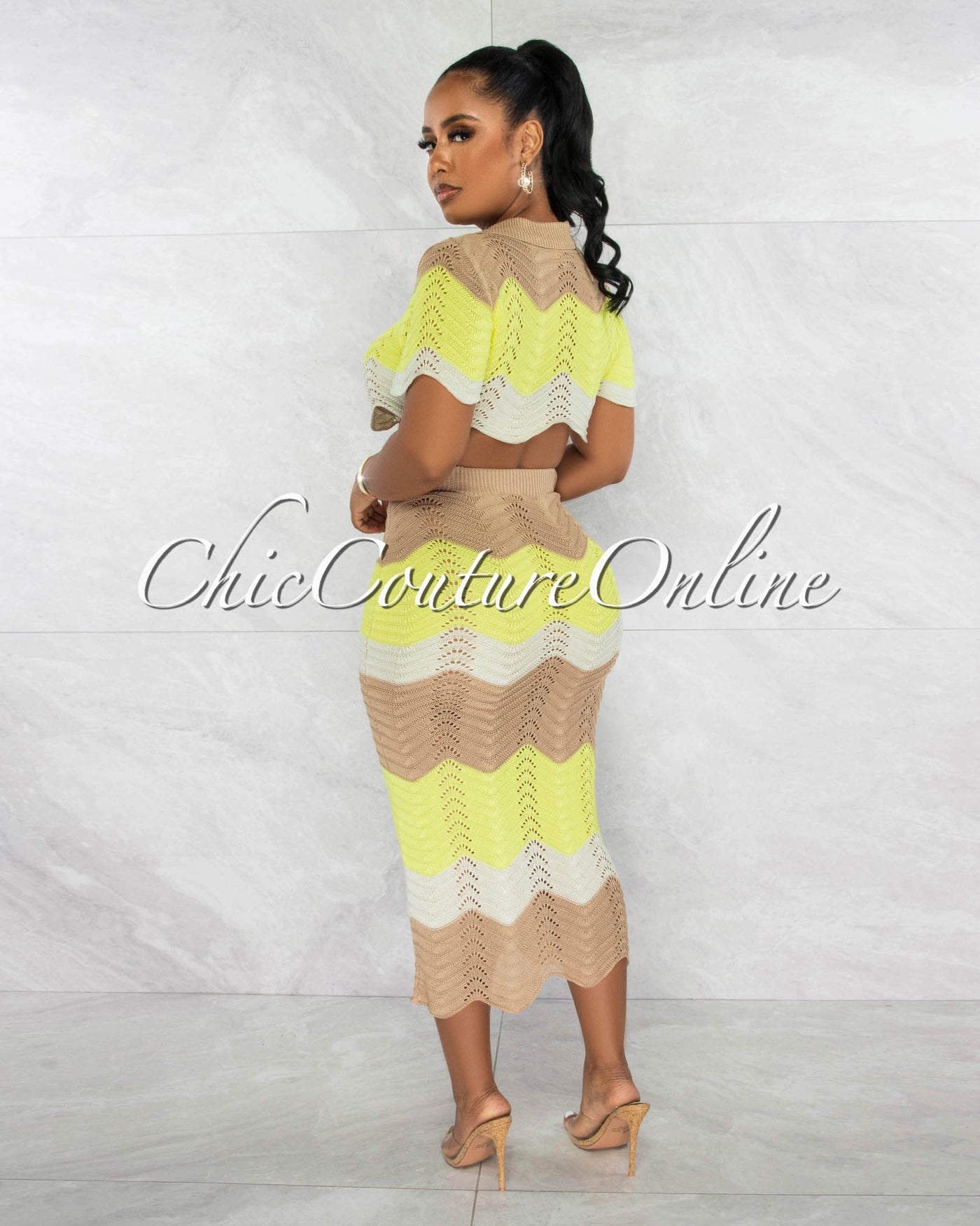 *Tiana Mocha Yellow Chevron Crop Top & Crochet Cover-Up Skirt Set