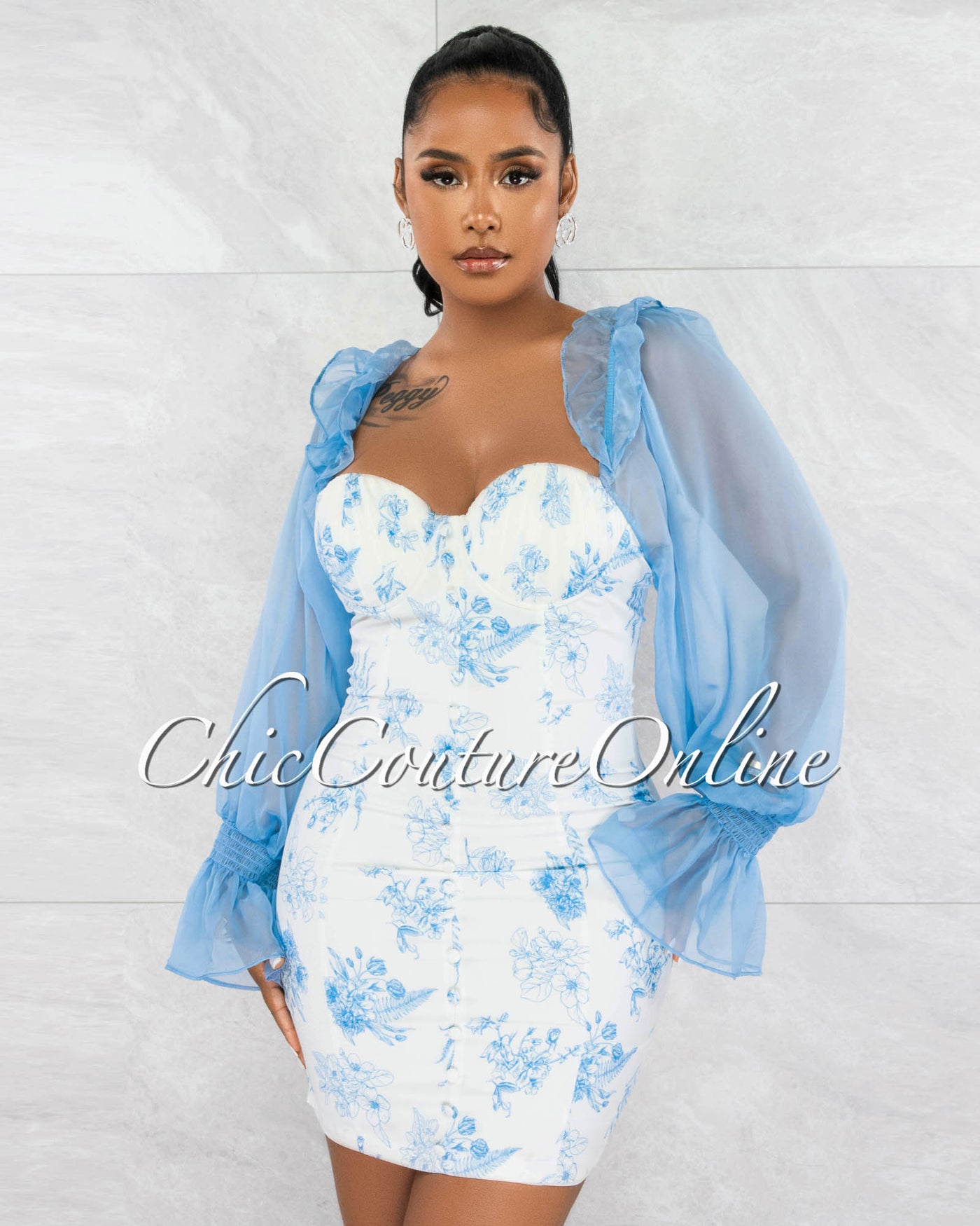 *Gerrie White Blue Floral Print Bubble Sleeves Mini Dress